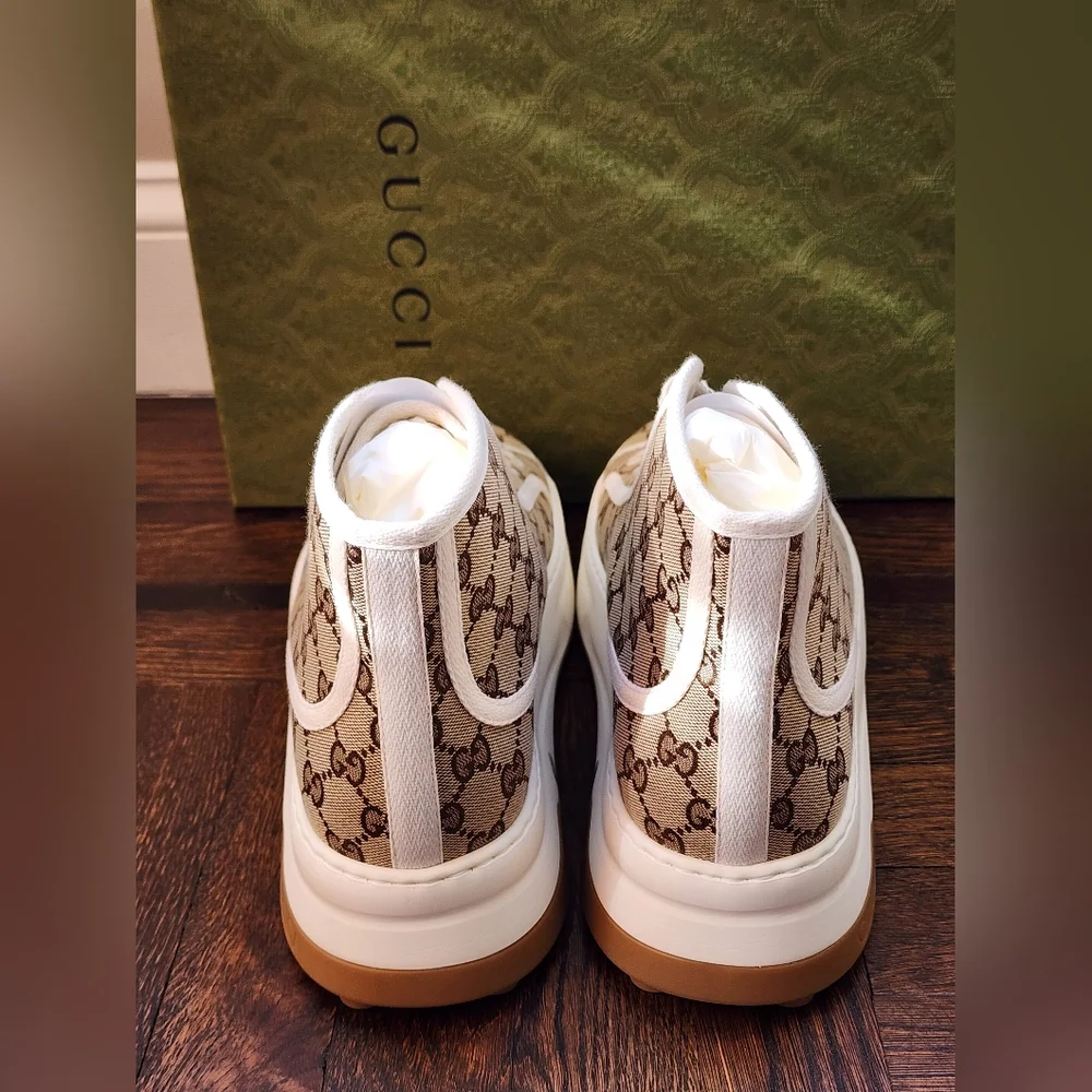 $1150 Brand New Gucci Men High Top GG Canvas Platform Sneakers G 12 US 13 Beige